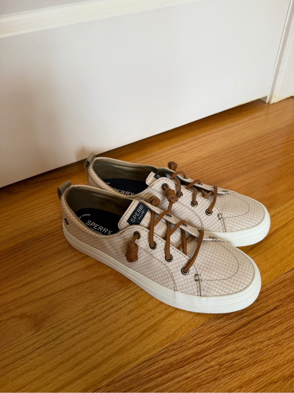 Sperry Woman’s Beige Canvas Boat Shoes with Brown Laces